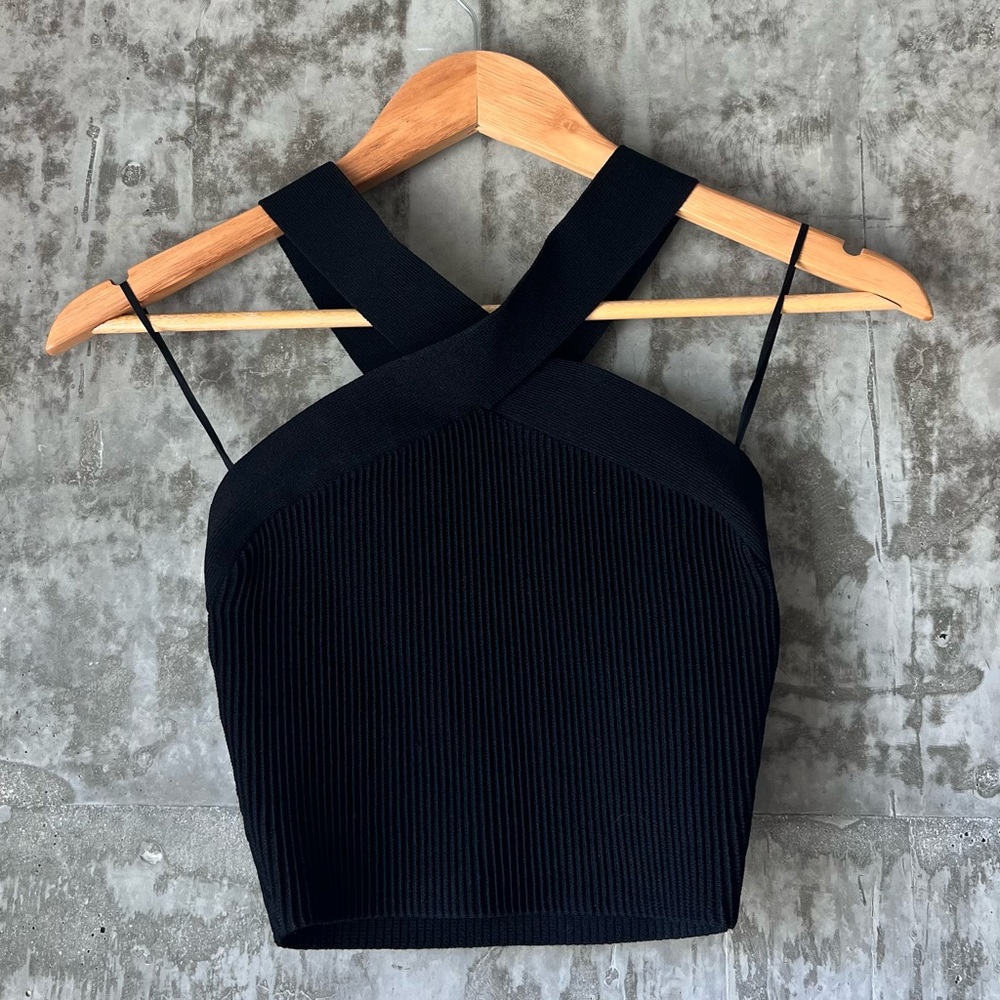 Aritzia babaton sculpt knit Black Cross-Strap Ribbed Crop Top